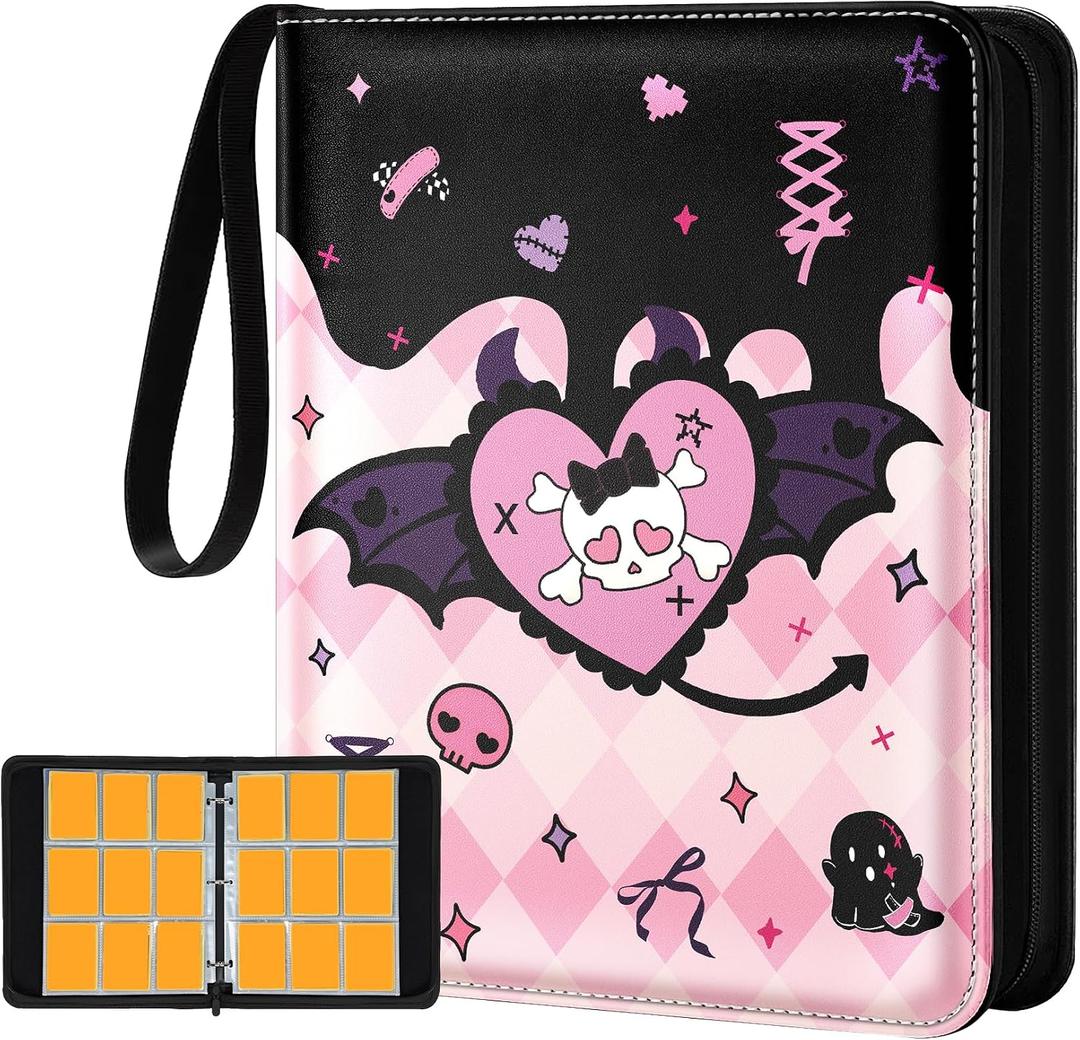 for 9 Pocket Trading Card Binder for 900 Cards - Cute Large Capacity Card Collection Album Folder with Zipper for Women Girls Teens Heart Skull Design for Sports, TCG, Game Cards