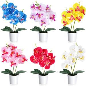 Thiccywoov 6 Pcs Fake Orchids Flowers in Pot 6 Colored Artificial Orchid Flowers with Plastic Vase Washable Silk Orchid Phalaenopsis Decor for Table Centerpiece Home Decor Office Wedding Party