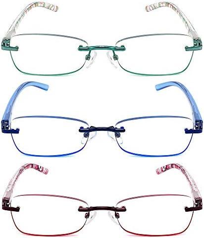 JJWELL 3 Pack Blue Light Blocking Reading Glasses for Women, Anti Eyestrain/Computer Glare UV 400 Filter Readers with Spring Hinge, Lightweight Rimless Tinted Metal Blue Rays Eyeglasses (3.00)