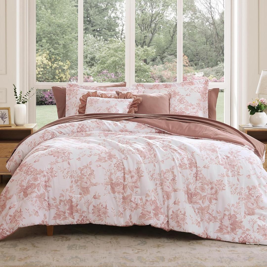 BLOOMHAVEN King Comforter Set -7 Pieces Pink Floral Comforter Set for All Seasons, Bed in a Bag King with Botanical Flowers Comforter, Sheets, Pillowcases & Shams (Rose), King