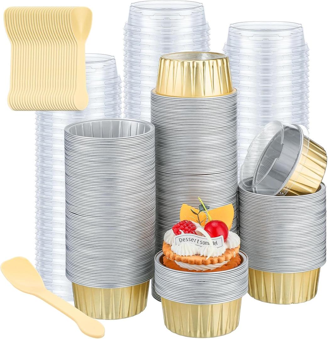 Hushee 300 Set Aluminum Foil Baking Cups with Lids and Spoons 5oz Disposable Ramekins Dessert Muffin Creme Brulee Cupcake Liners Containers for Wedding Birthday Party(Round,Gold)