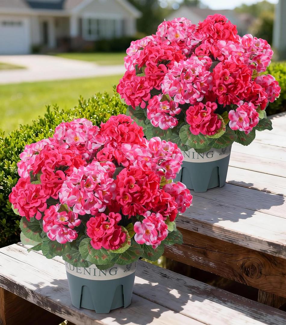 Geraniums Artificial Flowers for Outdoors, 2 Pack Potted Plants Faux Geraniums Bush Artificial Topiaries Realistic UV Resistant Fake Flowers Greenery for Outside Gardens Porch Patio Yard Indoor, Mix
