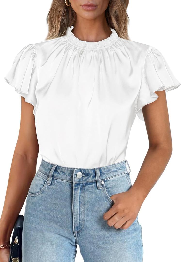 PRETTYGARDEN Business Casual Tops for Women Blouses Dressy 2026 Summer Short Sleeve Ruffle Satin Work Office Attire (White, L)