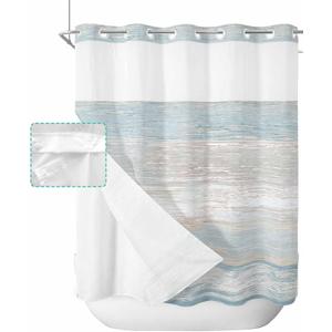 No Hook Blue Beige Farmhouse Shower Curtain with Snap in Liner Set, Vintage Wooden Striped Waterproof Fabric Bathroom Curtains with See Through Top Window, Hotel Style Long 72 x 78 Inch
