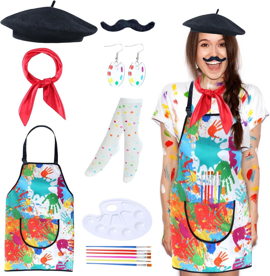 Kyson Artist Costume for Adult 8 Pcs Painter Halloween Dress Up with Beret Apron Palette Paint Brushes Earrings Bandana Beard