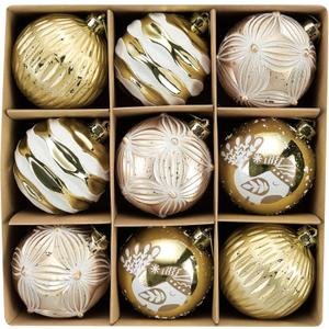 DecorbyHannah Large Gold White Christmas Ornaments, 9ct 3.15 inches Ornaments for Christmas Tree Decorations Set, Shatterproof Plastic Hanging Scandinavian Balls Bulk for Xmas Indoor Party Decor