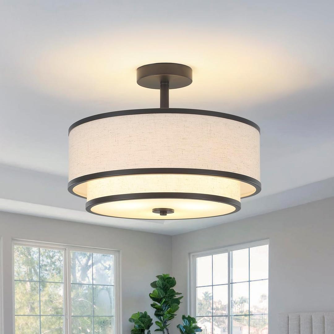 BUXVRCS Semi Flush Mount Ceiling Light Fixture, Modern Light Fixtures Ceiling Mount with Fabric Shade, 3-Light Double Drum Lighting Fixtures Close to Ceiling Light for Bedroom (Black)