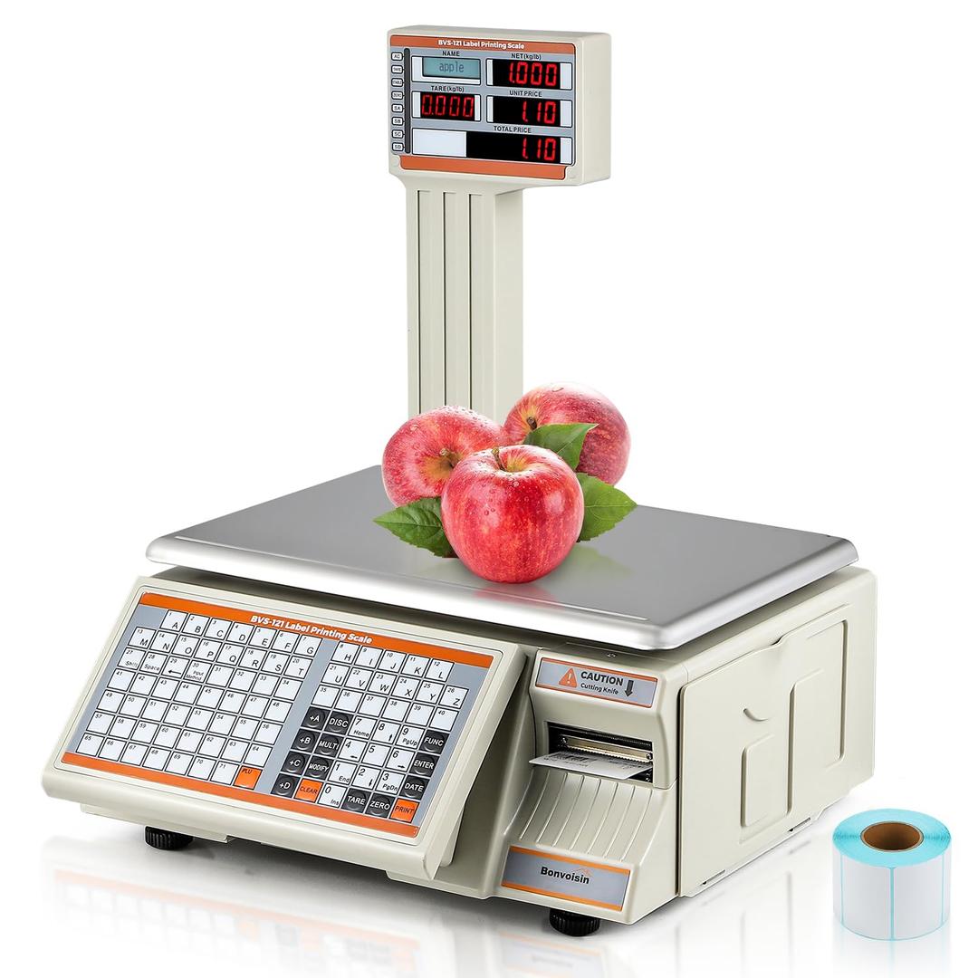 Bonvoisin Label Printing Scale 66lbs Capacity Price Computing Scale Pole Display with Label and Receipt Printer Commercial Barcode Scale for Retail Store, Supermarket and Farm