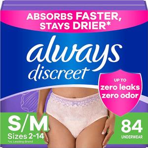 Always Discreet Adult Incontinence Underwear for Women and Postpartum Underwear, S/M, Up to 100% Bladder Leak Protection, 84 Count (Packaging May Vary)
