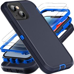 Military Grade 3 in 1 Heavy Duty Case for iPhone 13/14 - Shockproof, Drop Proof, Dust Proof With 2Pcs Tempered Glass Screen Protector (Navy Blue)