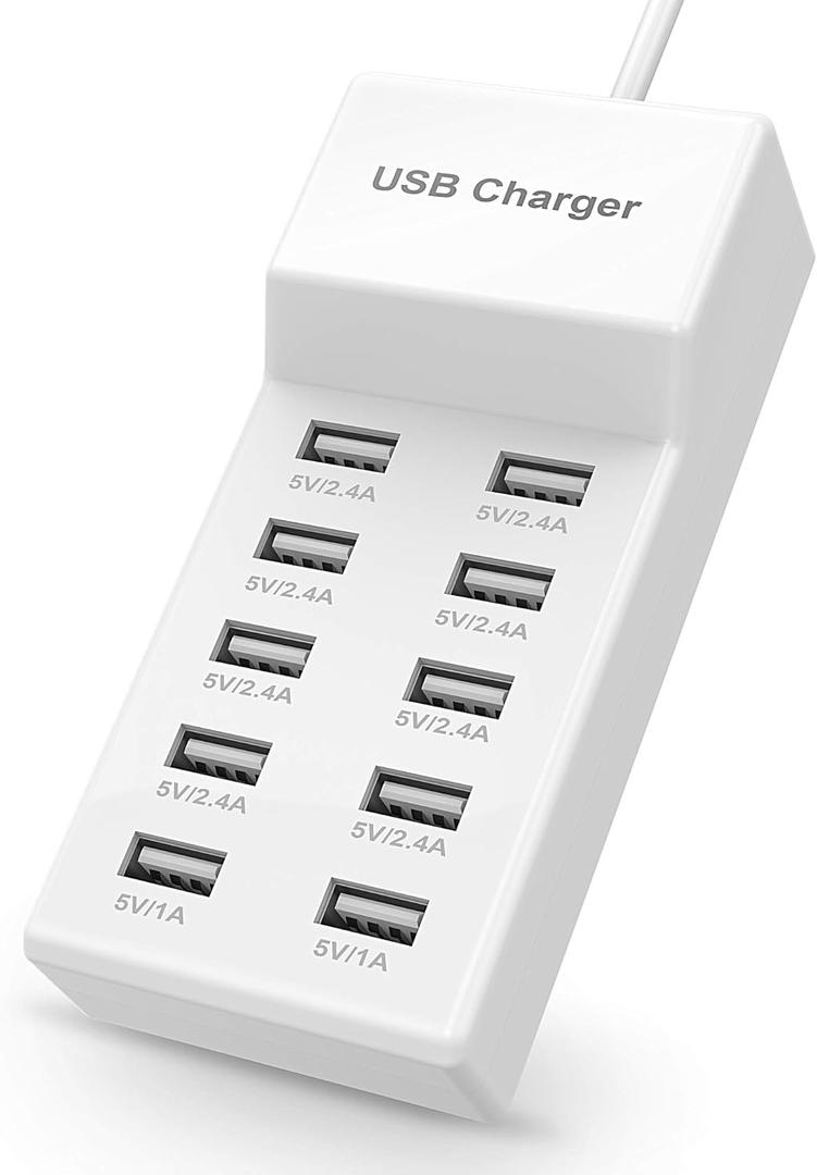 USB Charger Station Block with Rapid Charging Auto Detect Technology Safety, 10-Port Family-Sized Smart USB Ports for Multiple Devices Smart Phone Tablet Headphones