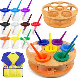 10 Pcs No Spill Painting Cups with Rotating Holder, Paint Cups with Lids for Kids, Paint Brush Cleaner Cup with Kids Art Smock, Paint Containers Arts and Crafts Supplies for Acrylic Paint, Watercolor