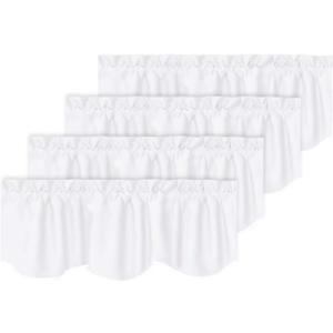 Turquoize Pure White Curtain Valance for Kitchen - 50% Blackout Rod Pocket Small Window Scalloped Valance Curtains for Living Room/Bathroom, 52" x 18" Inches, 4 Panels, White