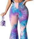 Remelon Womens Spaghetti Strap Halter Tie Dye Print Cut Out Bodycon Bell Flare Pants Club Party One Piece Jumpsuits Rompers Medium