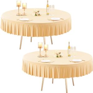 2 Pack Champagne Spandex Round Tablecloths 60 inch, Stretchy Fitted 5FT Table Cloths Wrinkle Free Round Table Covers with Skirt for Wedding Banquet Birthday Party Buffet Restaurant