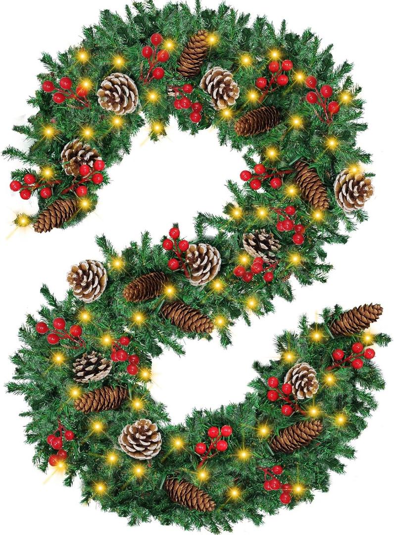 Christmas Garland, 12FT Prelit Christmas Garland with 100 LED Lights, Greenery Xmas Garland with 20 Pine Cones 90 Red Berry Christmas Decoration for Indoor Outdoor Home Mantel Fireplace