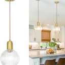 Modern Gold Pendant Lights Kitchen Island Lighting, Clear Glass Globe Pendant Light for Kitchen Adjustable 11.8-59" Brass Dining Room Hanging Light Fixture Vintage Ribbed Ceiling Pendant Light