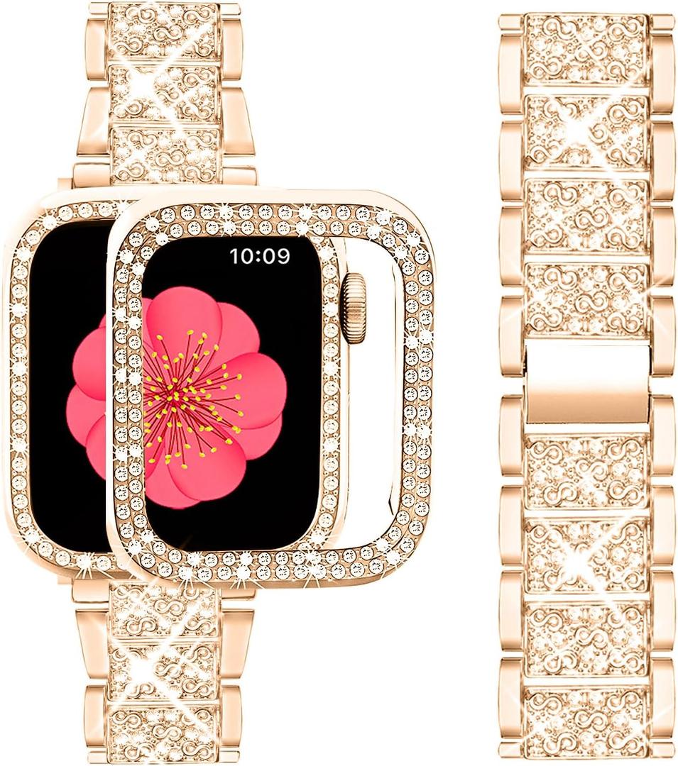 SUPOIX Compatible with Apple Watch Band 45mm + Case, Women Jewelry Bling Diamond Metal Bands & 2 Pack Protective Cover Cases for iWatch Series 9/8/7(Rose Gold)