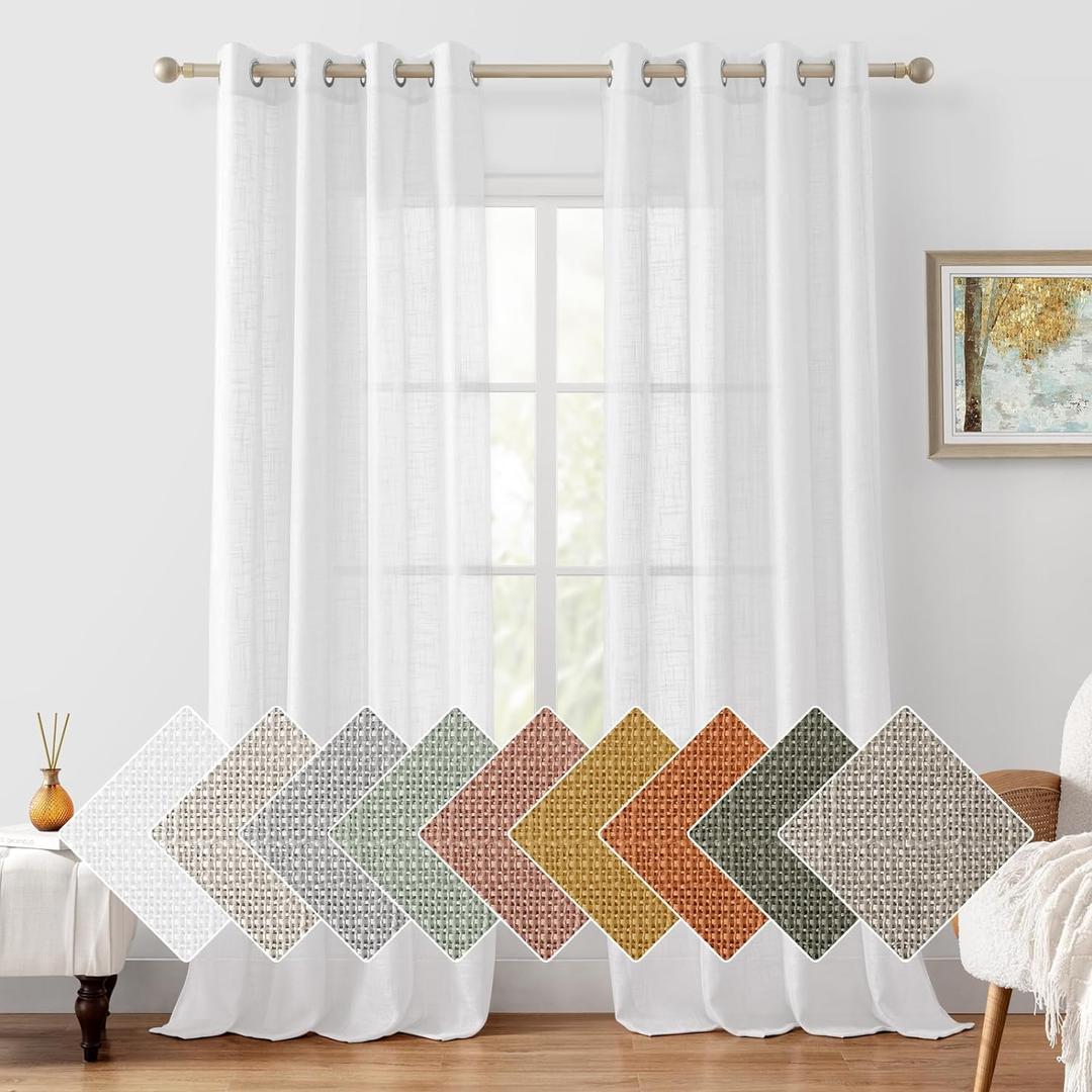 HOMEIDEAS White Linen Sheer Curtains, Linen Textured Semi Sheer Curtains 96 Inches Long, Farmhouse Light Filtering Privacy Window Drapes for Bedroom Living Room, 2 Panels, W52 x L96