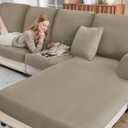 Sectional Couch Covers for Sofa Cushion L Shaped Couch Cover Washable Soft Couch Cushion Covers Stretch Sofa Slipcovers with 2 Pcs Pillowcases(3-Piece 2 Seater + 1 Chaise, Khaki)