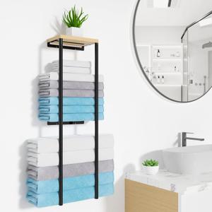 31 inch 2 Tier Anti-Rust Towel Rack with Wood Shelf for Bathroom, Wall Mounted, Metal, Black