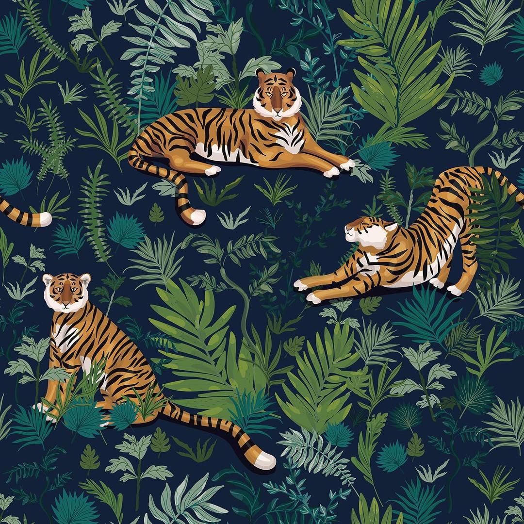 VaryPaper Jungle Tiger Peel and Stick Wallpaper Tropical Leaf Wallpaper for Bedroom Bathroom Self Adhesive Removable Animal Wall Paper Decorative Contact Paper for Walls Cabinets Drawers 17.7''x78.7'' (Navy Blue, Green, Orange)