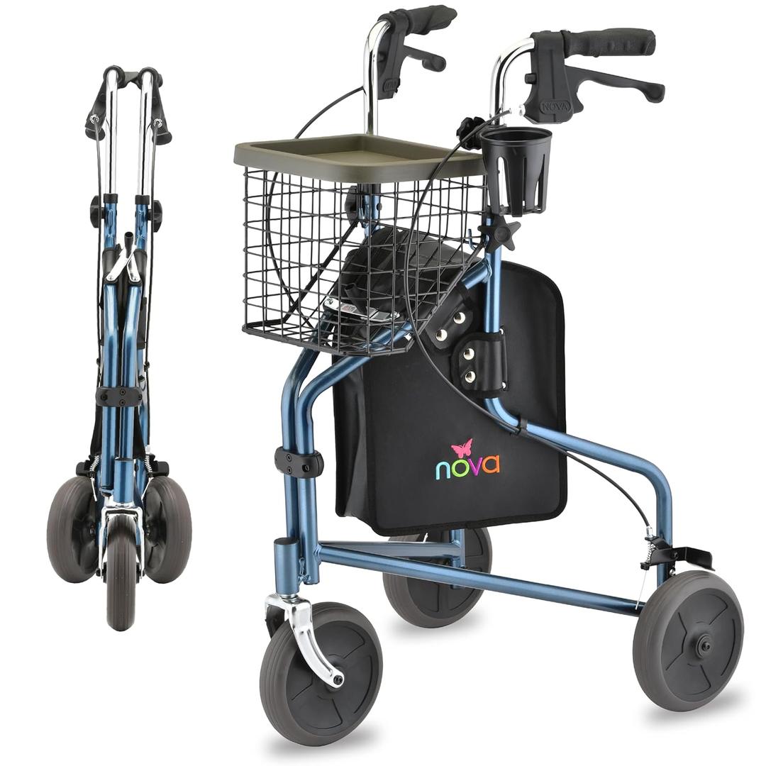 Nova Joy Traveler Folding 3 Wheel Walker with Tray, Basket and Pouch - Lightweight Mobility Aid for Seniors - 8 Inch Wheels - Essential for Tight Spaces and Travel - Blue
