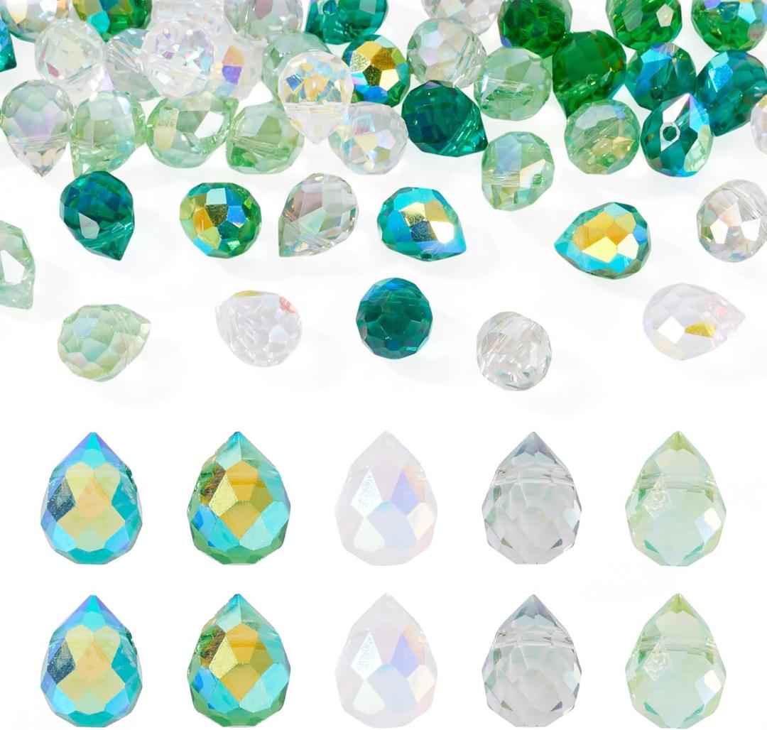 50Pcs Green Faceted Glass Teardrop Beads Electroplate Transparent Crystal Teardrop Charm Beads Top Drilled Drop Spacer Bead Water Drop Chandelier Charms for Earring Necklace Jewelry Making