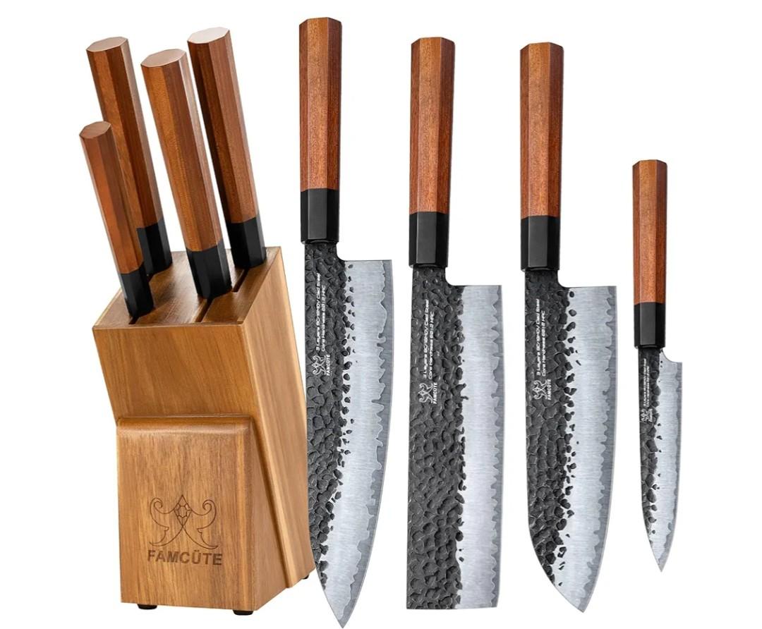 FAMCüTE Japanese Knife Block Set, Hand Forged 5-Layer 9CR18MOV Clad Steel Ultra Sharp Kitchen Knives with Wooden Storage & Rosewood Handle, Includes Chef, Santoku, Nakiri, Fruit Knife for Home Mom/Dad