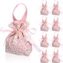 Liobelon 8 Pieces Small Floral Gift Bags, Canvas Pink Gift Bags, Tea Party Favor Bags With Handle, Mini Drawstring Treat Gift Pouches for Baby Shower, Bridal Shower, Birthday, Wedding (pink)