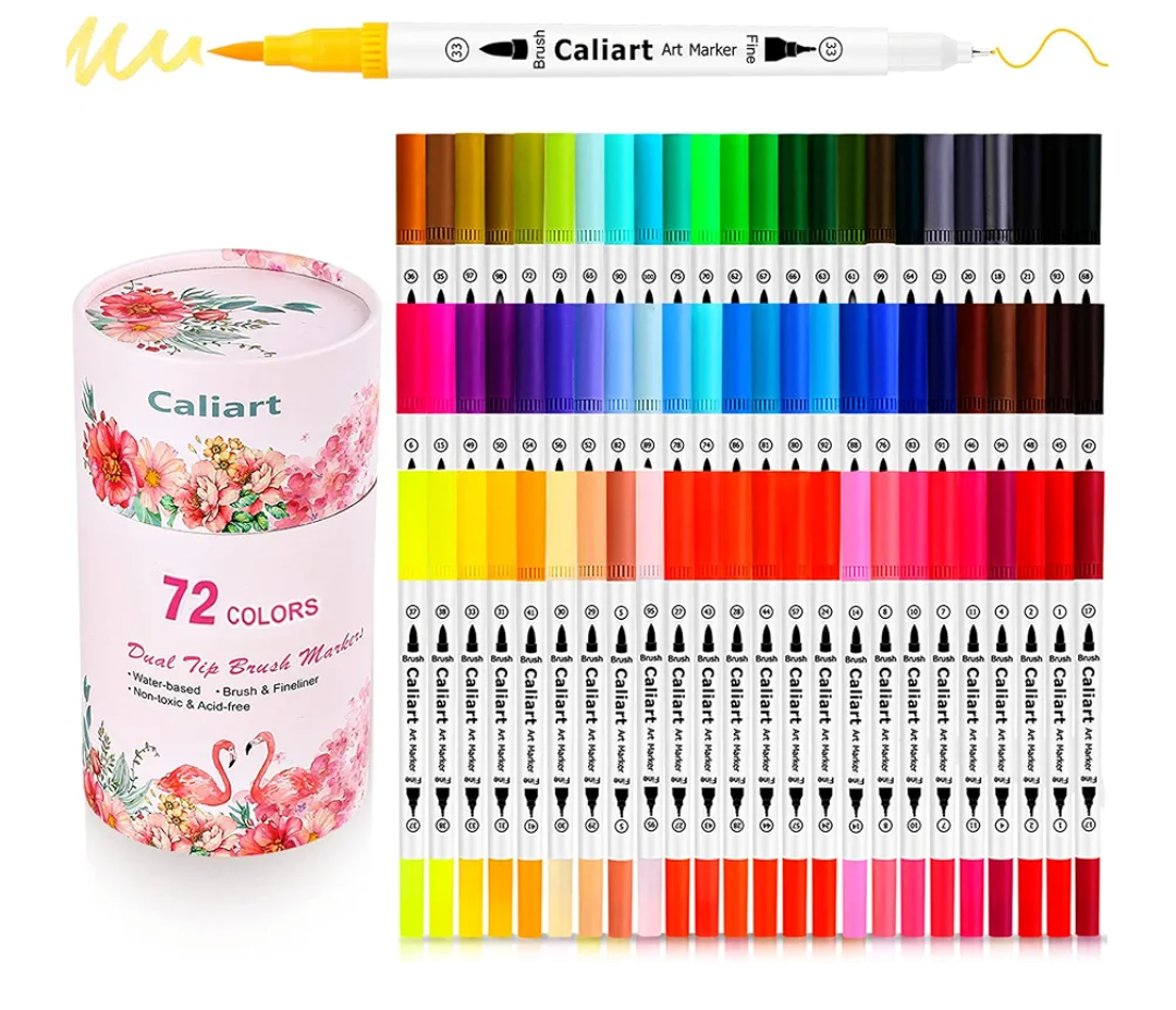 Caliart 72 Colors Double Tip Brush Pens Art Markers, Artist Fine & Brush Pen Coloring Markers for Adult Book Cards Drawing Craft Kit Teacher Office Supplies