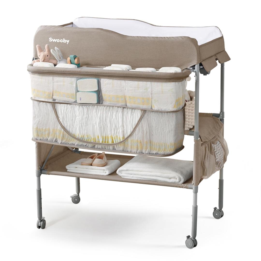 Sweeby Portable Baby Changing Table, Foldable Diaper Changing Station with Waterproof Pad, Mobile Nursery Organizer for Infant & Newborn Essentials, Light Khaki, Standard