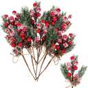 WSFSLJWDW 10PCS Christmas Berries Red Stems Evergreen Pine Branches, Snow Flocked Red Holly Berry Pine Cone Floral Sprays Decoration,Winter Holiday Floral Picks (10PCS)