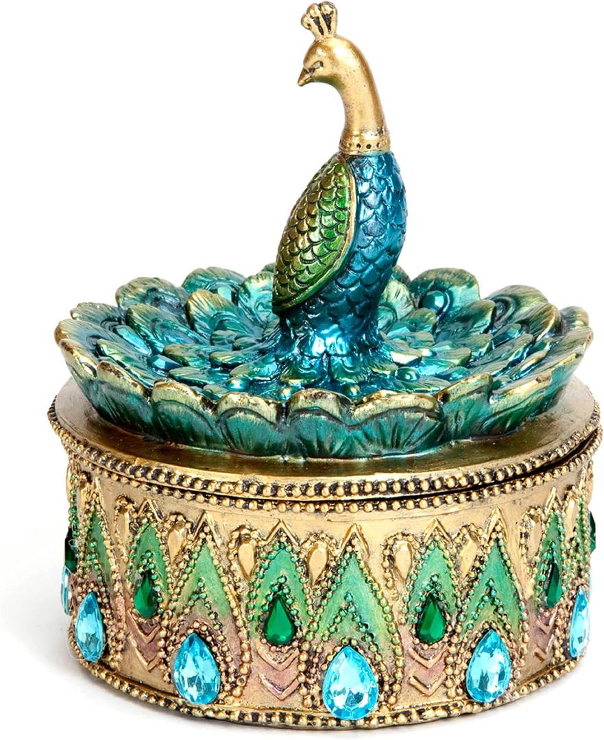 Bits and Pieces Peacock Jewelry Box for Women Small Keepsake Box with Peacock Figurine Lid - Decorative Boxes for Home Decor