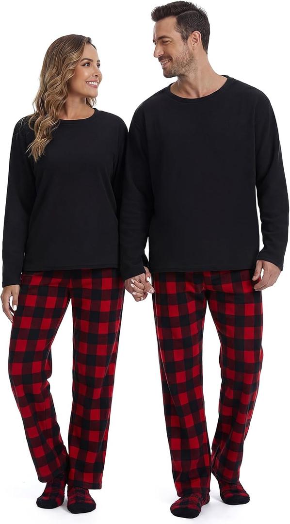 Couple Matching Pajamas Sets with Socks Holiday Fleece Pajamas Jammies Sets for Family Party (Small, Black Red)
