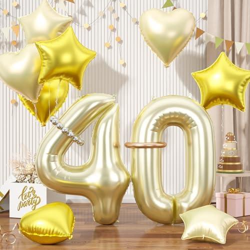 Champagne Gold Number 40 Balloons, 40 Light Gold Balloons, Number 40 Balloons Set, Gold Foil Star Heart Balloon With Long Balloon For 40th Birthday Party Anniversary 1st 4th Baby Shower Decorations, Pack Of 2