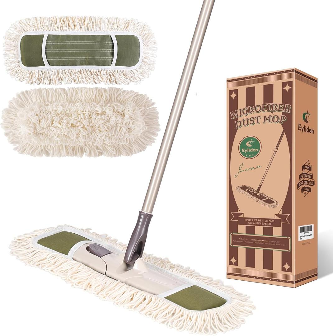 Eyliden Dust Mop with Reusable Washable Pads - One Touch Replacement, Height Adjustable Handle, Total 2 Mop Cloths, Wet Dry Mops for Floor Cleaning, Hardwood, Laminate, Tile Floor Push Dust Broom (Army Green)