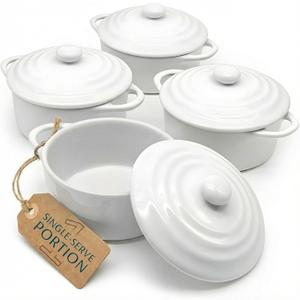 Kook Ceramic Mini Cocotte Set, Small Casserole Dishes with Lids and Handles, Individual Baking Ramekins, Oven safe 350°F, Microwave & Dishwasher Safe, Stoneware, 12 oz, Set of 4, (Swiss White)