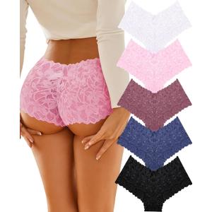 ALL OF SHE Sexy Underwear Panties for Women Cheeky V Waist Lace Boyshorts Lingerie Plus Size Underwear Gift Wife Women 5 Pack (Large, 5 Pack-sky Blue*1 White*1 Baby Pink*1 Maroon*1 Black*1)