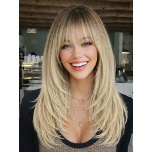 AISI HAIR Beginner Friendly Wigs Blonde Wig with Bangs for Women, Middle Length Natural Layered Straight Wig for Daily Party