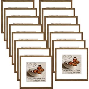 Memory Island 12x12 with 8x8 Photo Frames for Wall and Tabletop Display, 12 by 12 Walnut Wood Picture Frames with HD Plexiglass, Set of 15