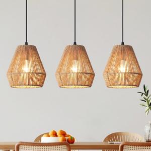3 Pack Woven Pendant Light Kitchen Island 6.7" Boho Pendant Lights Fixture Rustic Hanging Lamp with Hand-Woven Rattan Shade Farmhouse Coastal Hanging Light for Bedroom Dining Room Foyer Hallway