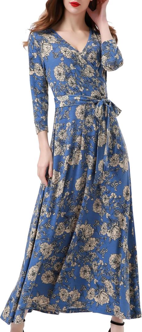 Aphratti Womens 3/4 Sleeve V Neck Faux Wrap Maxi Dress Summer Casual Beach (L)