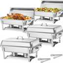 VEVOR Rectangle Chafing Dishes, 9 Qt 4 Pack Stainless Steel Chafing Dish, Food Warmer Chafer Complete Set with Hollow Handle, 2 Food Tongs, Lid, Canister Holder, Chafer Dishes for Banquet Wedding