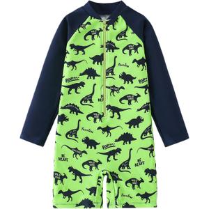 AIWUHE Boys one piece Swimsuit Zipper Rash Guard Kids Long Sleeve Bathing Suits UPF 50+ Sun Protection Swimwear, Green Dinosaur (4T-5T)