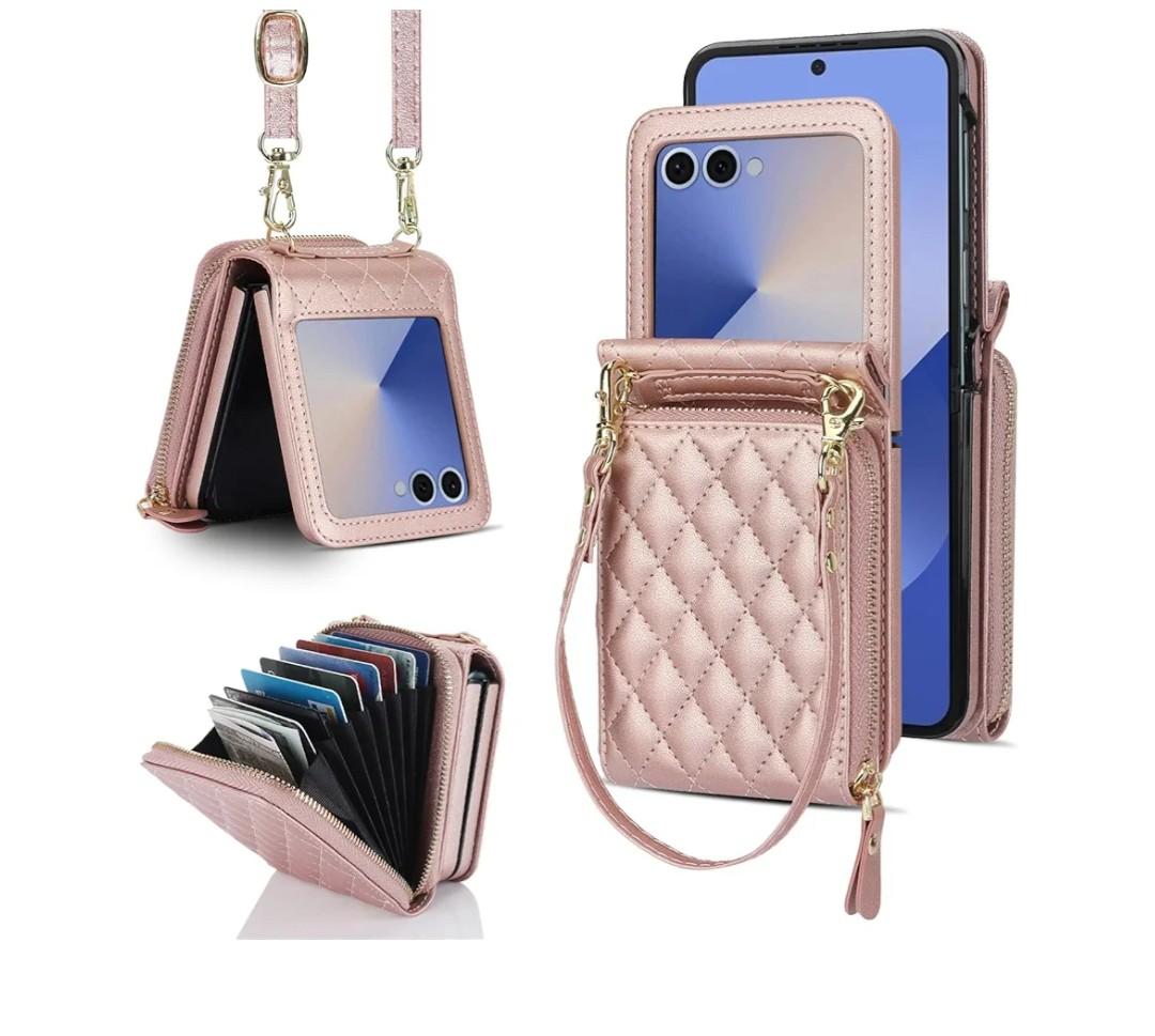 for Samsung Galaxy Z Flip 7 Case with Card Holder with 8-Card Slots Wallet Case with Detachable Strap Crossbody Lanyard Soft PU Leather for Women- Rose Gold