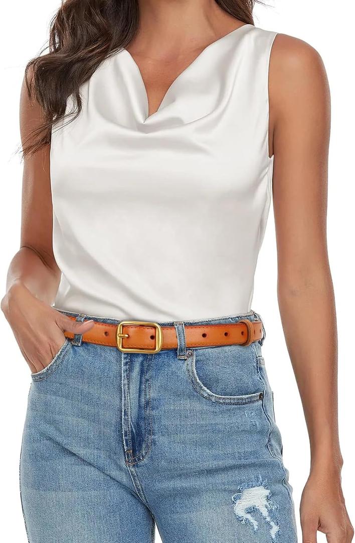 Women's Fashion Classic Metal Buckle Leather Belt with Jeans Dress (36-39 (Pant 18-20), Add-dark Orange-gold)