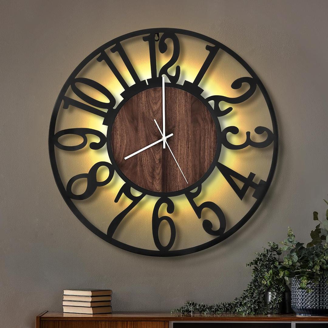 LEIKE Large Wall Clocks with Night Light Battery Operated, Silent Non Ticking, Rustic Modern Big Wood Clock for Living Room, Bedroom, Kitchen, Farmhouse, Office, Home Decor-20 Inch (Black-Arabic Number)