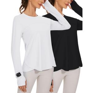 Blingfit Women's Workout Tops Long Sleeve Running Hiking Athletic Gym Shirts Lightweight UPF50+ UV Rash Guard Sun Protection (Medium, Black & White) 2 Pack