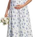 KUTUMAI Summer Lace V Neck Maternity Maxi Dresses for Women 2026 Casual Floral Long Flowy Photoshoot Baby Shower Dress (L)